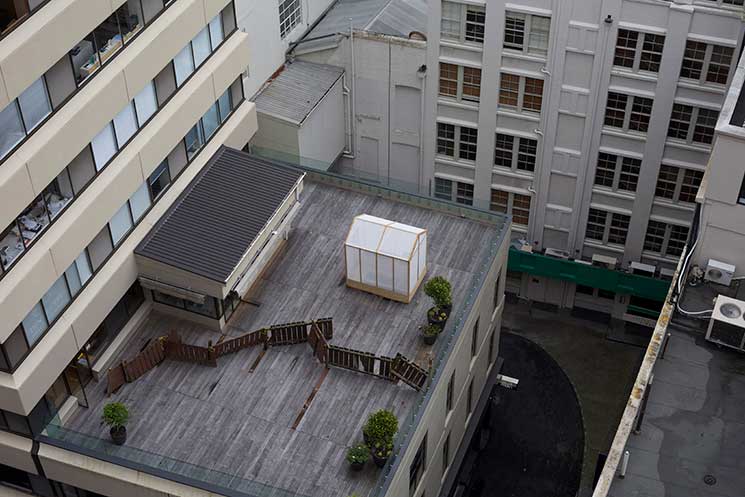 Anthony Cribb's beneficiary greenhouse installation on the Creative New Zealand decking, High Street, Auckland
